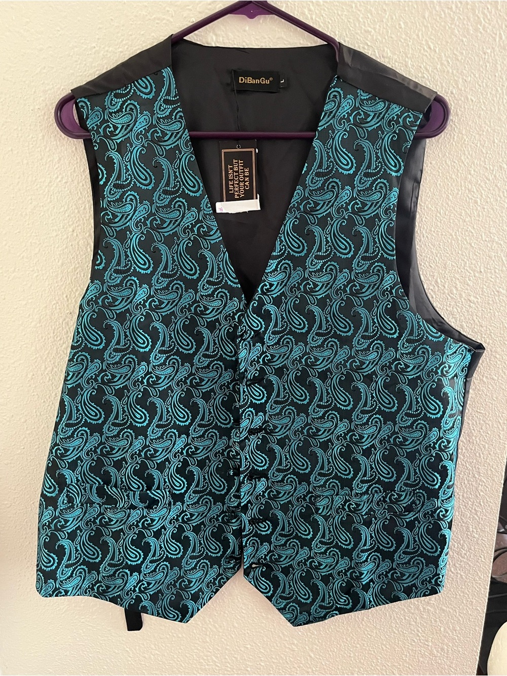 BNWT Dibangu Men's Black Vest with Teal Paisley Pattern